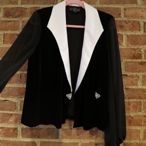 Alex Evenings Vintage 90s Black Velvet White Lapel Sheer Sleeve Blouse Blazer L